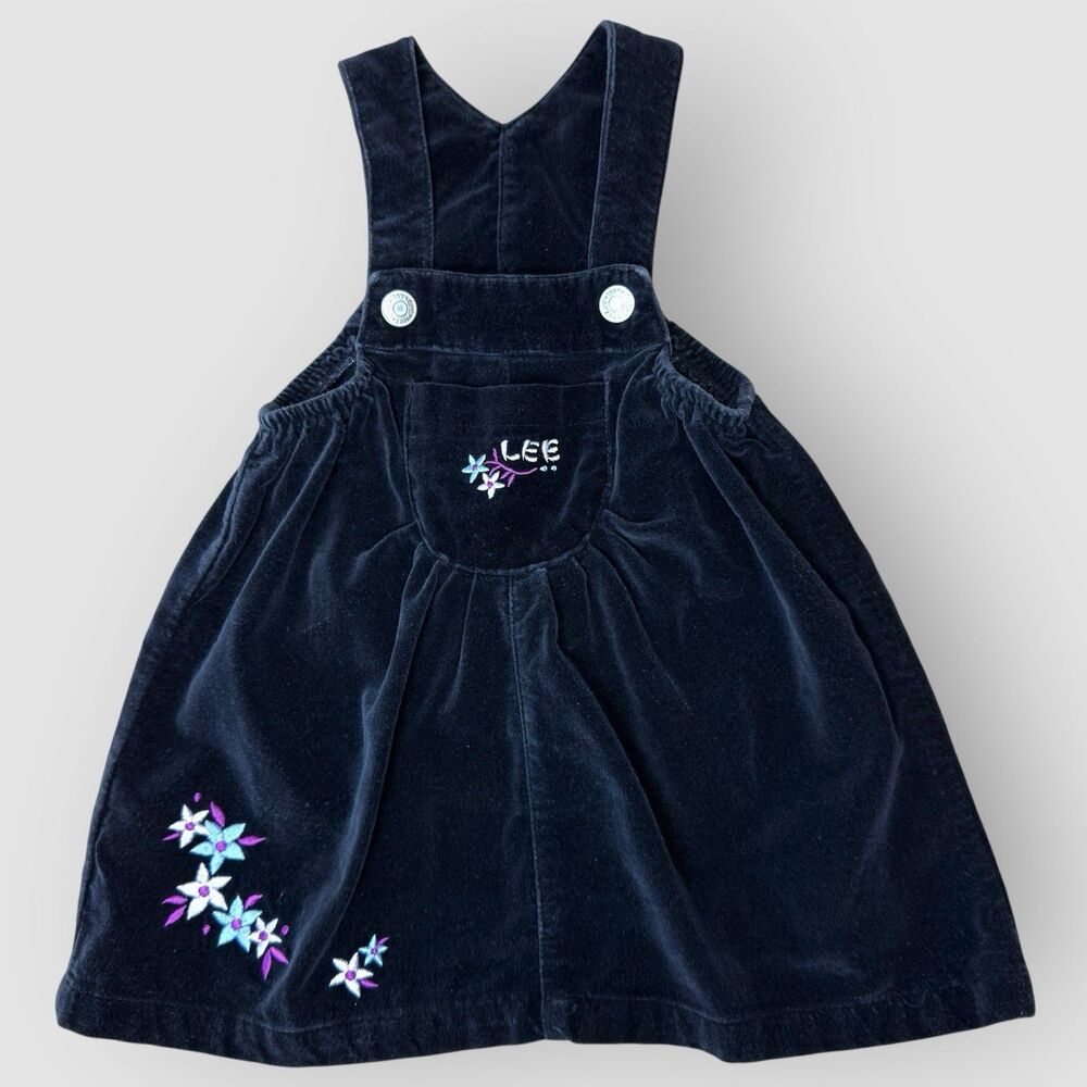 Vintage Lee Cordroy Dress Girls 18M Black Embroidered Y2k Fall Cottagecore Fairy
